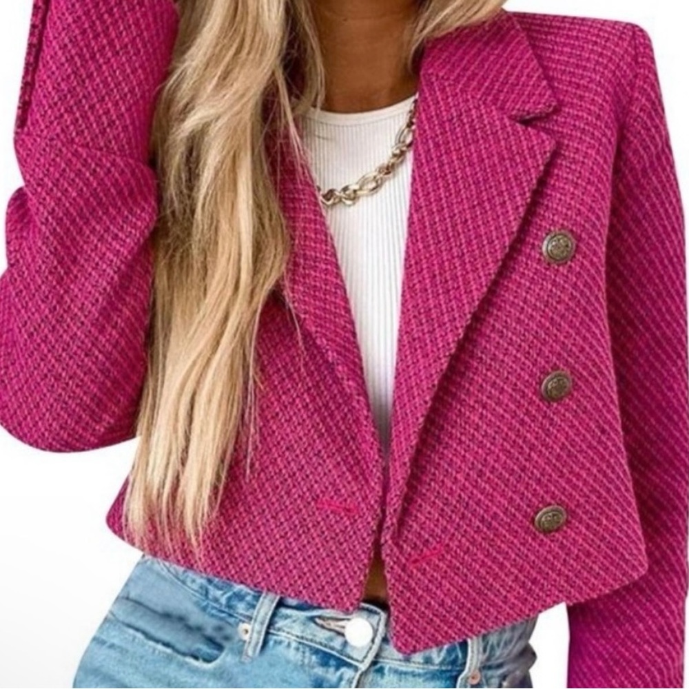 Zara Pink Textured Tweed Cropped Jacket Blazer